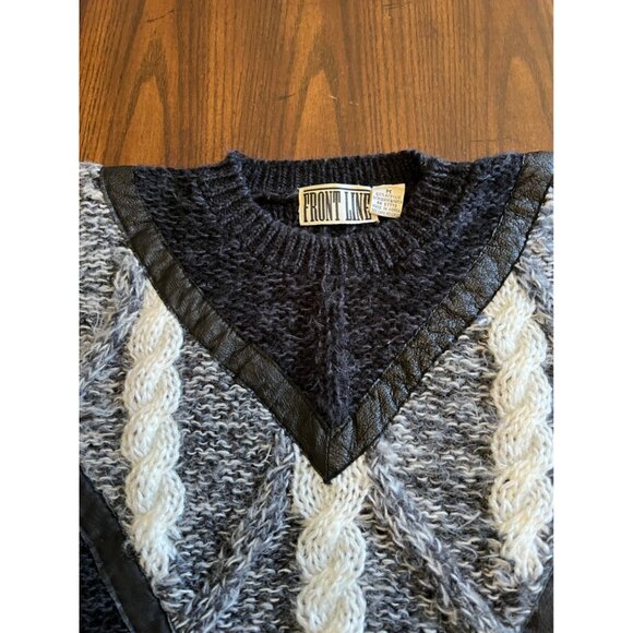 Vintage Front Line Chunky Cable Knit Crew Neck Sweater Leather Trim 80s Medium - Picture 2 of 7